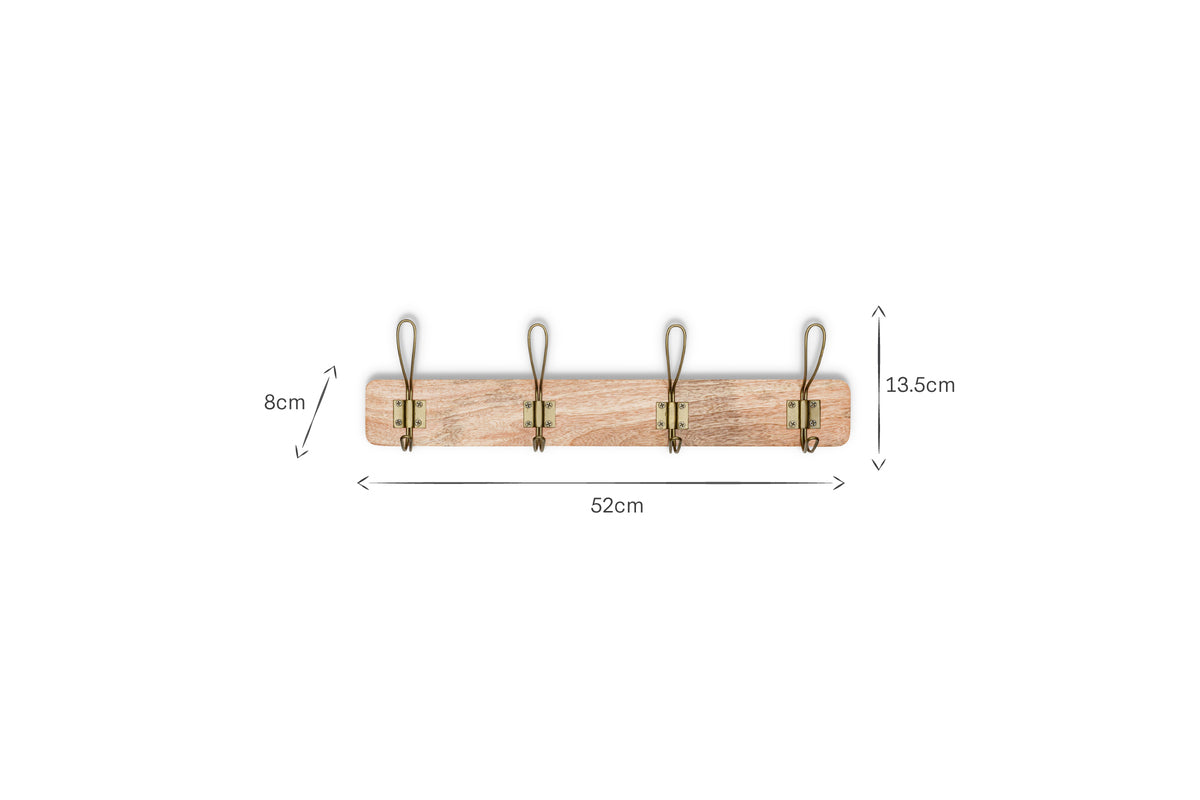 The nkuku Ankita Mango Wood & Iron Hooks (Natural & Antique Brass, Small) features four brass hooks on light mango wood. Shown against a white background; dimensions: 52cm long, 13.5cm high, 8cm deep—ideal for entryways or bedrooms.