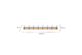 The nkuku Ankita Mango Wood & Iron Hooks - Natural & Antique Brass - Large is a light wood wall-mounted coat rack with eight artisan hooks, measuring 104.5cm long, 13.5cm tall, and hooks extending 8cm.