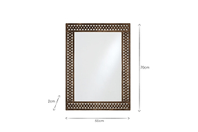 The nkuku Bahula Decorative Outdoor Mirror - Rust features a brown wooden lattice frame, measuring 70cm high, 51cm wide, and 2cm thick. Ideal as a stylish garden mirror; arrows and measurements highlight its dimensions.