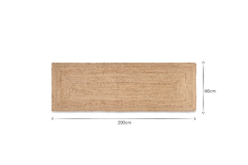 The nkuku Braided Hemp Floor Runner, made from eco-friendly natural fibers, features a rectangular braided design. Displayed flat on a white background, labeled arrows show its 200cm length and 66cm width.