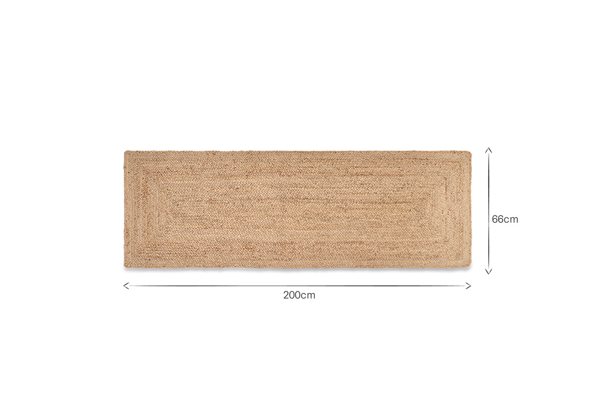 The nkuku Braided Hemp Floor Runner, made from eco-friendly natural fibers, features a rectangular braided design. Displayed flat on a white background, labeled arrows show its 200cm length and 66cm width.
