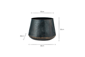 The Endo Reclaimed Iron Planter by nkuku is a wide, black planter made from recycled iron with a slightly tapered design; 32cm tall, 38cm wide at the base, and 32cm at the top, shown against a white background with measurement arrows.