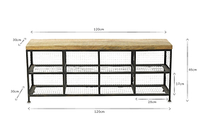The nkuku Hasa Industrial Storage Bench features metal and mango wood with six wire mesh cubbies. Measures 120x46x30cm; each cubby is 28x30cm, shelf height 17cm—perfect for hallway storage.