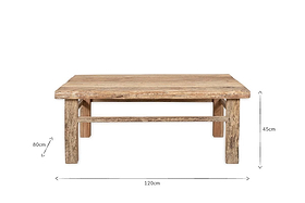 The Ibo Reclaimed Wood Coffee Table - Natural by nkuku is a rectangular rustic table with a weathered finish, four sturdy legs, and a support bar. Indian craftsmanship stands out. Dimensions: 120cm W x 80cm D x 45cm H, marked with arrows.