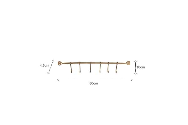 The Ikoma Hook Set by nkuku features six evenly spaced solid antique brass hooks on a wall-mounted rack, measuring 60 cm wide, 4.5 cm high at the bar, and 10 cm high with hooks. Dimensions are marked on a plain white background.