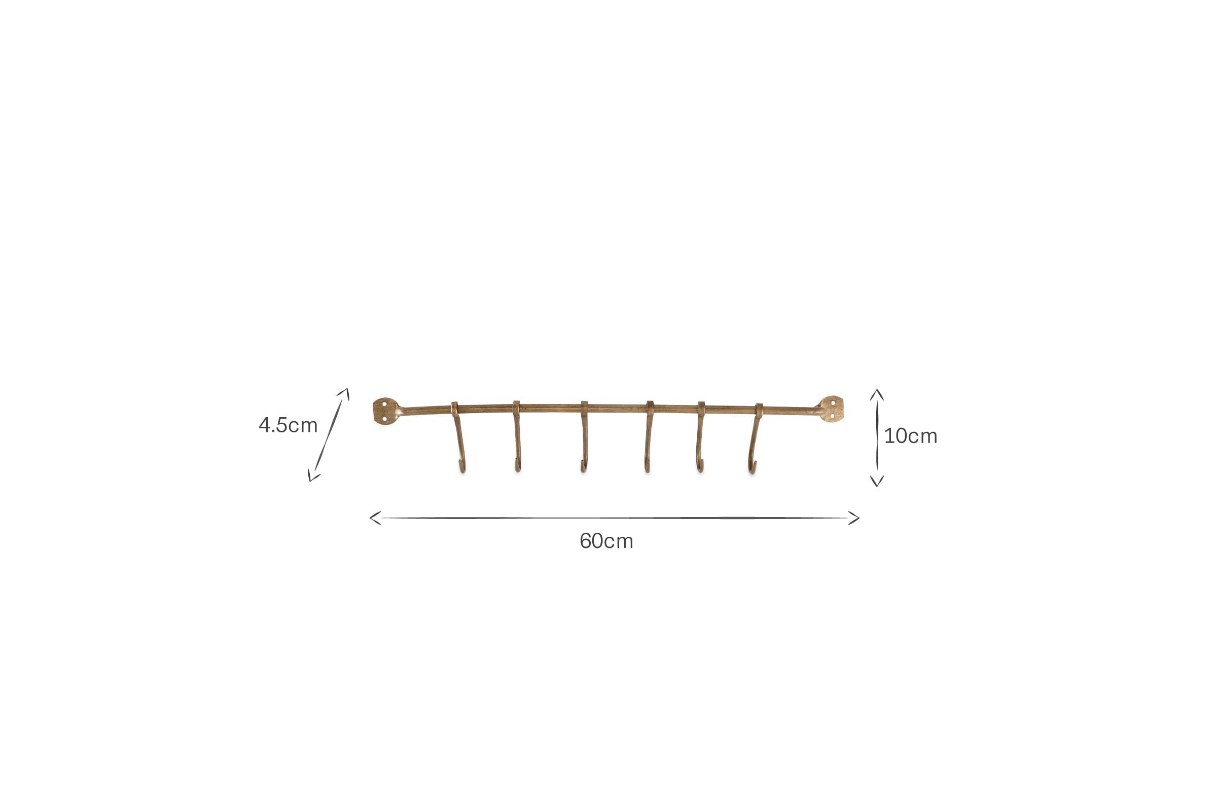 The Ikoma Hook Set by nkuku features six evenly spaced solid antique brass hooks on a wall-mounted rack, measuring 60 cm wide, 4.5 cm high at the bar, and 10 cm high with hooks. Dimensions are marked on a plain white background.