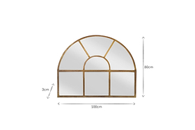 The nkuku Imoma Iron Overmantel Arch Mirror in brass features a golden frame with geometric sections, combining rectangular and arched window-like panels. It measures 100cm wide, 80cm tall, and 3cm deep—perfect for above the fireplace.