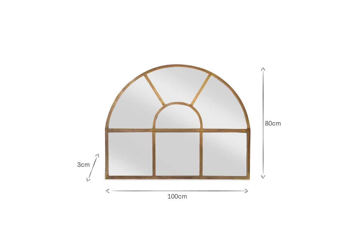 The nkuku Imoma Iron Overmantel Arch Mirror in brass features a golden frame with geometric sections, combining rectangular and arched window-like panels. It measures 100cm wide, 80cm tall, and 3cm deep—perfect for above the fireplace.