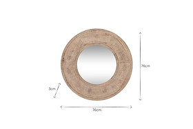 The nkuku Itwa Mango Wood Carved Mirror - Natural features a round, hand-carved mango wood frame in a rustic white wash finish. Measuring 76 cm diameter by 3 cm deep, this unique piece stands out against a plain white background with clear dimension arrows.
