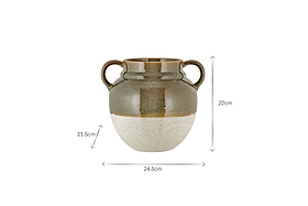 The nkuku Inha Reactive Glaze Vase in Dark Olive & Natural features side handles, a glossy upper half, and a matte speckled lower half. Measuring 22cm tall and 24.5cm wide, its dimensions are displayed around the elegant ceramic form.