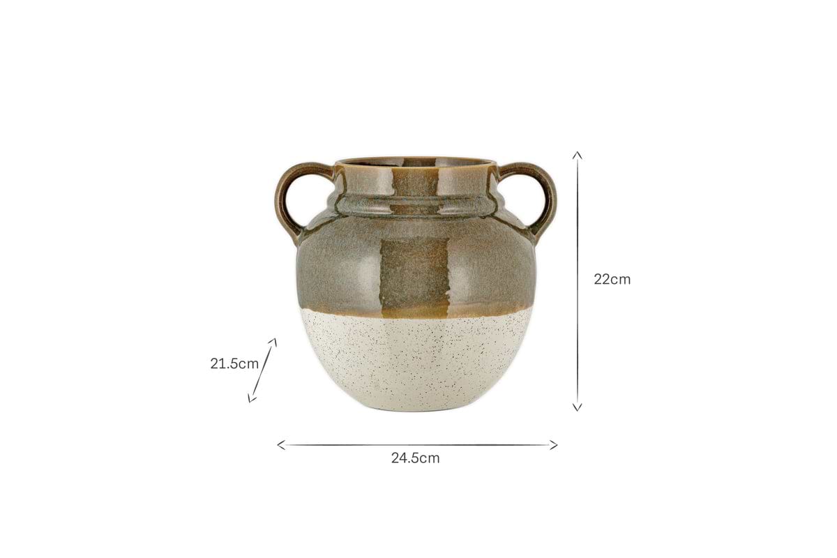 The nkuku Inha Reactive Glaze Vase in Dark Olive & Natural features side handles, a glossy upper half, and a matte speckled lower half. Measuring 22cm tall and 24.5cm wide, its dimensions are displayed around the elegant ceramic form.