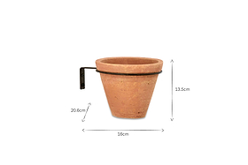 The Jara Single Wall Hung Planter by nkuku is shown with a terracotta pot and metal wall-mount bracket, ideal for wall displays. The pot is 16cm wide, 13.5cm tall, and the bracket extends 20.6cm from the wall. Background is white with marked dimensions.