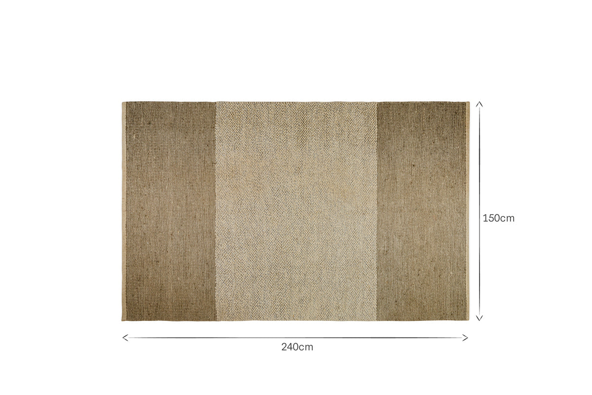 The nkuku Kufri Jute Rug features three vertical stripes—soft blue in the center with dark brown sides. Handcrafted from natural jute fibers, this rug measures 240cm x 150cm.