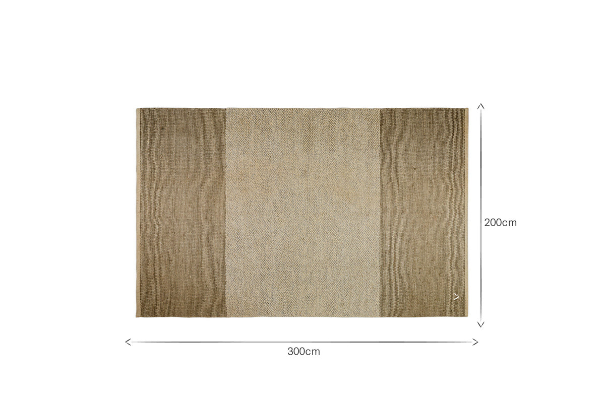 The nkuku Kufri Jute Rug features a rectangular design with soft blue and brown stripes. Handcrafted from quality jute, it measures 300cm x 200cm, bringing natural texture and warmth to your space.