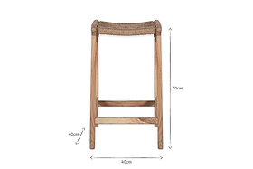 The nkuku Vinay Woven Counter Stool - Natural features a rustic Acacia Wood frame and woven jute seat, measuring 70cm high, 40cm wide, and 40cm deep.