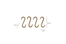 The Laila Iron S-Hooks - Brass (Set of 4) by nkuku feature a traditional design with dimensions: 10.5cm high, 7cm wide, and a 0.75cm hook opening—perfect for iron hanging rails.
