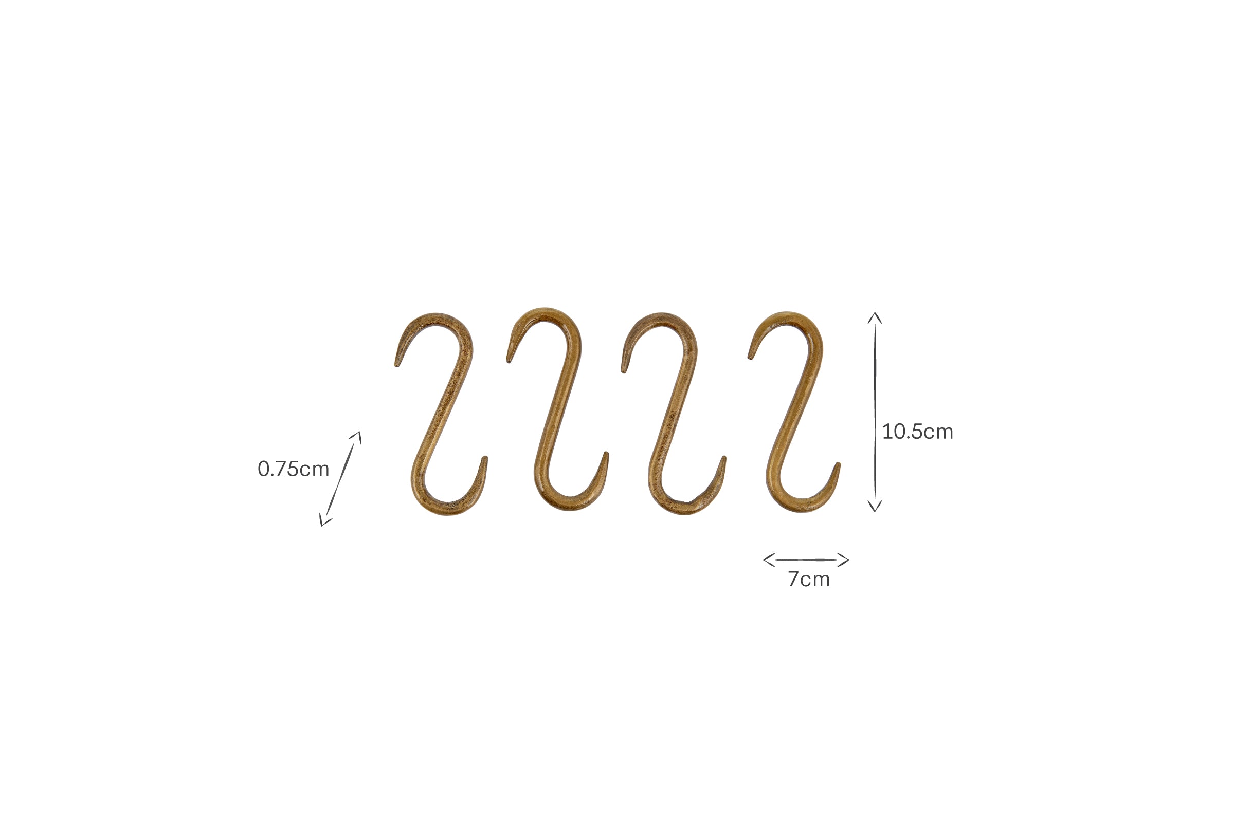 The Laila Iron S-Hooks - Brass (Set of 4) by nkuku feature a traditional design with dimensions: 10.5cm high, 7cm wide, and a 0.75cm hook opening—perfect for iron hanging rails.