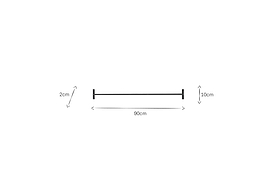 A simple diagram displays the nkuku Laila Hanging Rail - Iron: a 90cm-long black handmade steel rail with vertical ends, each 10cm tall and 2cm wide. Arrows and labels indicate dimensions on this sleek storage piece against a white background.