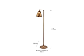 The Muturi Floor Lamp - Antique Brass by nkuku features a tall brass finish, round base, straight pole, and angled dome shade. At 147 cm high with a 52 cm extension, it brings elegance to any space against a white background.