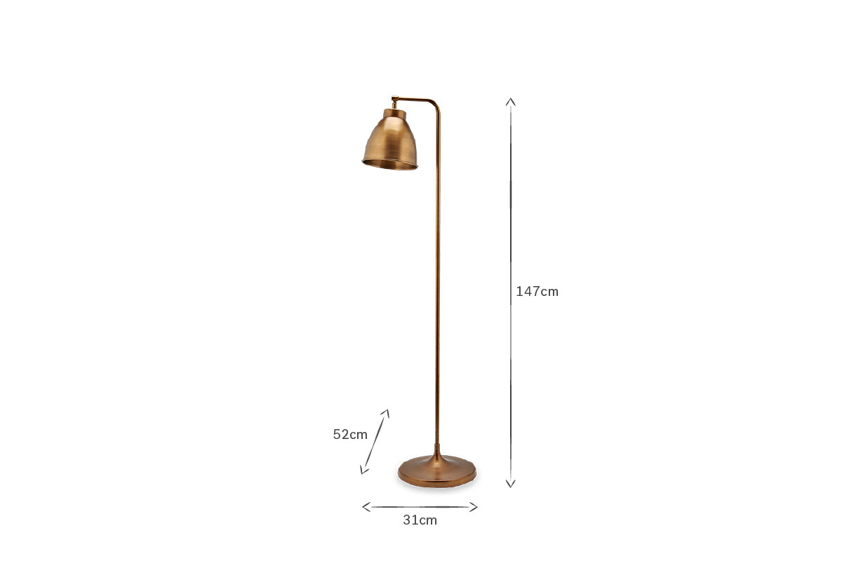 The Muturi Floor Lamp - Antique Brass by nkuku features a tall brass finish, round base, straight pole, and angled dome shade. At 147 cm high with a 52 cm extension, it brings elegance to any space against a white background.