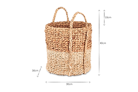 The nkuku Nkomi Basket is a woven, two-tone storage basket with handles, measuring 40cm tall. Inspired by traditional Nkomi baskets, it features a medium brown top and light beige bottom. Handles extend 10cm above the rim.