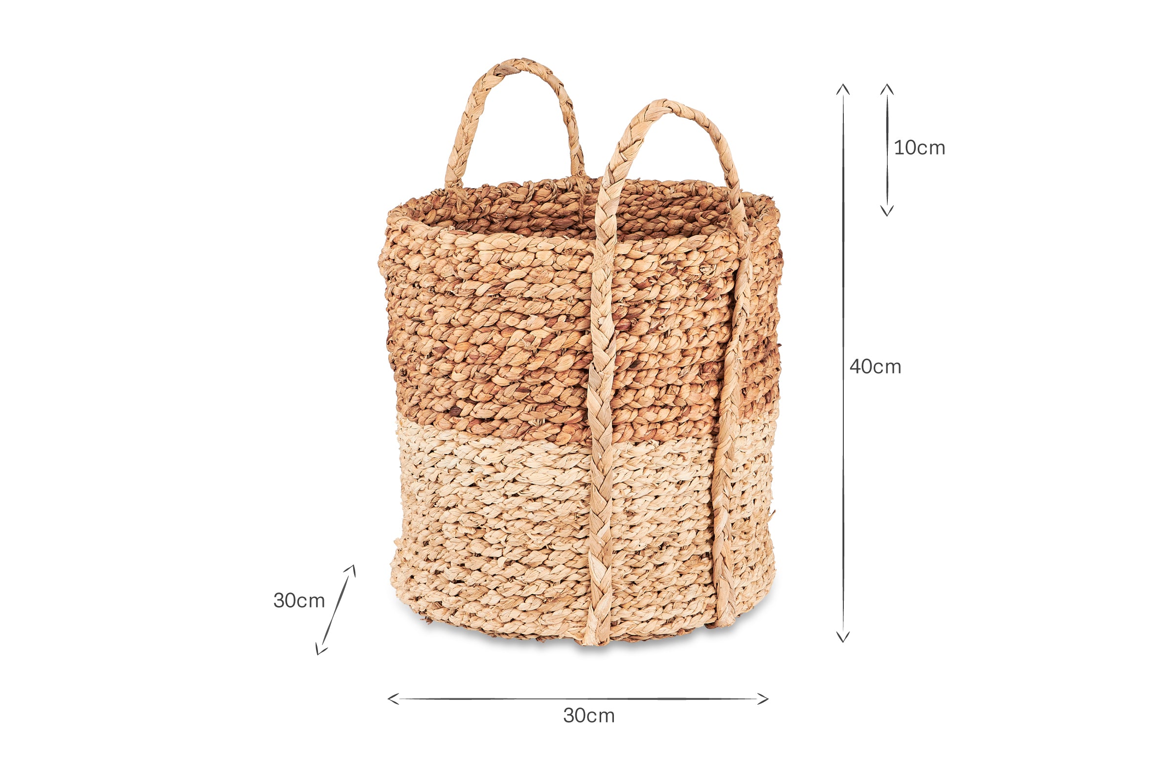 The nkuku Nkomi Basket is a woven, two-tone storage basket with handles, measuring 40cm tall. Inspired by traditional Nkomi baskets, it features a medium brown top and light beige bottom. Handles extend 10cm above the rim.