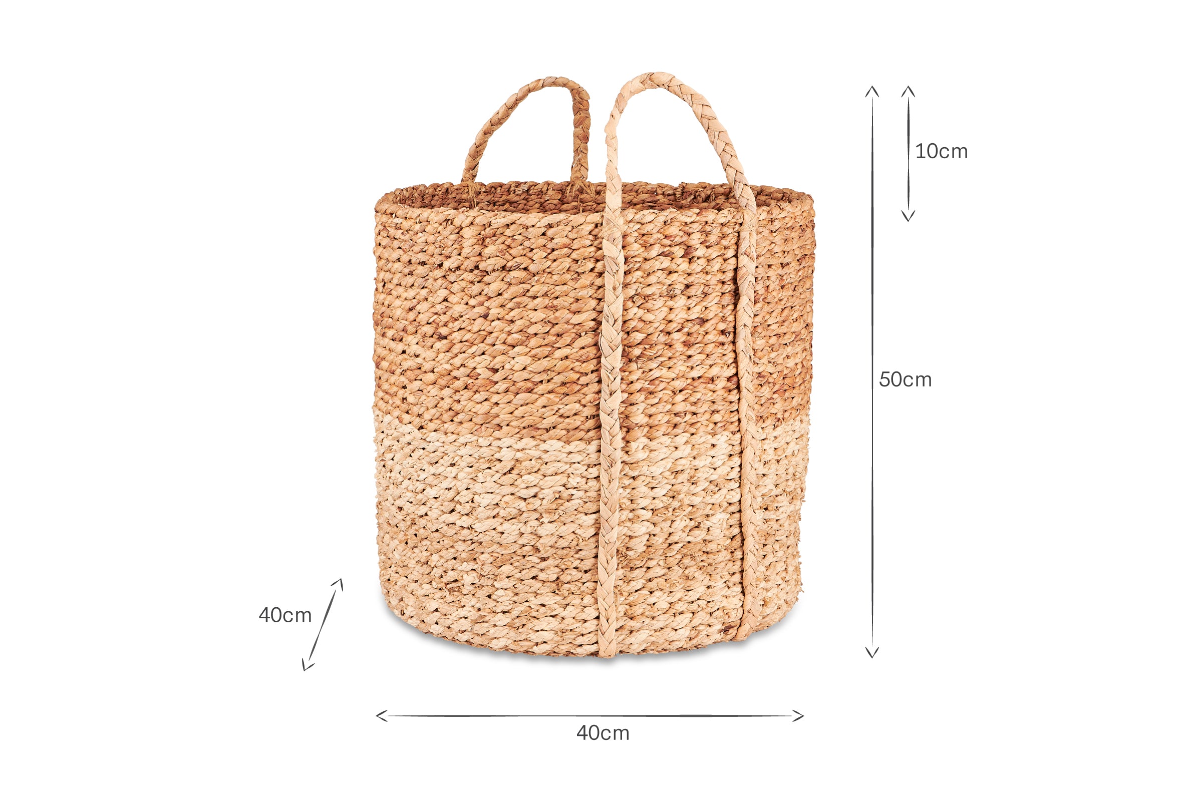 The nkuku Nkomi Basket is a handwoven natural storage basket with two handles and three beige bands, measuring 50cm tall by 40cm wide and deep, inspired by traditional Nkomi baskets.