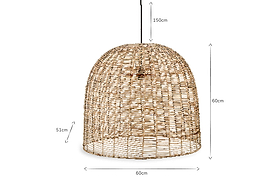 The Noko Wicker Dome Pendant - Large by nkuku is a dome-shaped rattan lamp suspended from a black cord, measuring 60cm x 60cm x 51cm. Its natural wicker weave casts filtered light, adding elegance to any space.