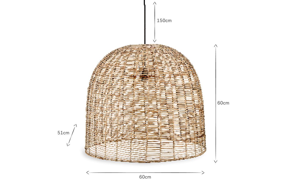 The Noko Wicker Dome Pendant - Large by nkuku is a dome-shaped rattan lamp suspended from a black cord, measuring 60cm x 60cm x 51cm. Its natural wicker weave casts filtered light, adding elegance to any space.