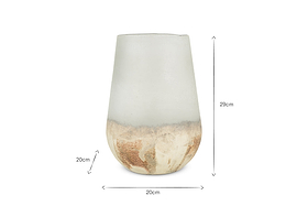 The nkuku Ngolo Recycled Glass Vase - Aged Smoke features a frosted glass look with a matte white top and textured beige base. It stands 29cm tall, tapering outward to 20cm in diameter at its widest point and base, as indicated by labeled arrows.