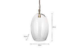 The Otoro Recycled Glass Pendant - Clear - Small Oval by nkuku features an oval-shaped recycled glass shade, brass fittings, and hanging chain. Measuring 44 cm high and 30 cm wide, it's a stylish choice for elegant lighting in any room.