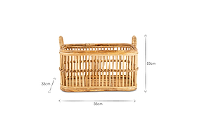 The Rammi Rattan Laundry Basket by nkuku is a rectangular, open-top storage basket with vertical slats and two looped handles, made from natural rattan and measuring 33W x 33D x 53H cm, shown with measurement arrows on a white background.