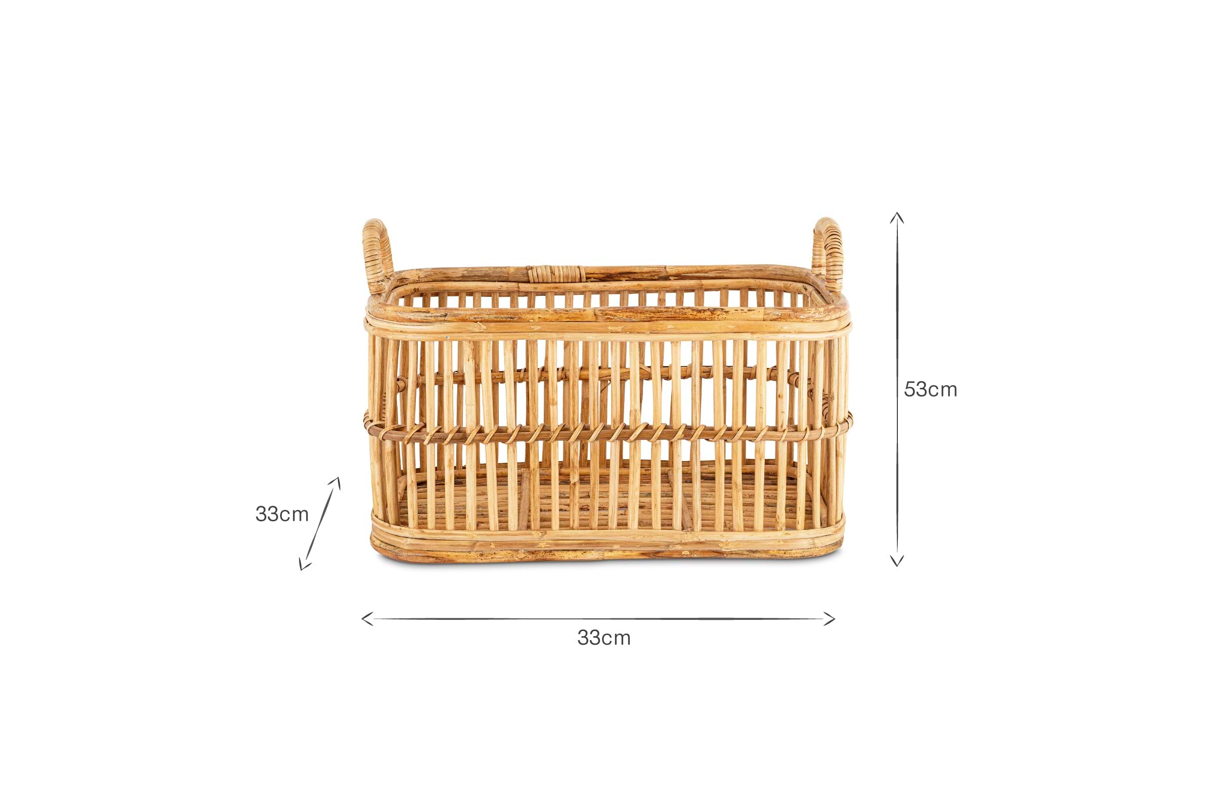 The Rammi Rattan Laundry Basket by nkuku is a rectangular, open-top storage basket with vertical slats and two looped handles, made from natural rattan and measuring 33W x 33D x 53H cm, shown with measurement arrows on a white background.