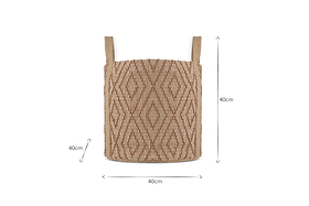 The nkuku Renu Jute Basket - Rust & Natural is a square, woven storage basket with two handles, featuring a decorative diamond kilim pattern. Dimensions are clearly marked as 40 cm height and width on both sides and the bottom.