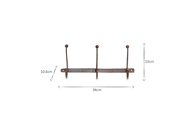 The nkuku Rama Iron Hook features three curved iron hooks with rounded tips, ideal for hallway storage. Measuring 34cm wide, 15cm tall, and 10.5cm deep, the rack is shown with black arrows marking dimensions on a white background.