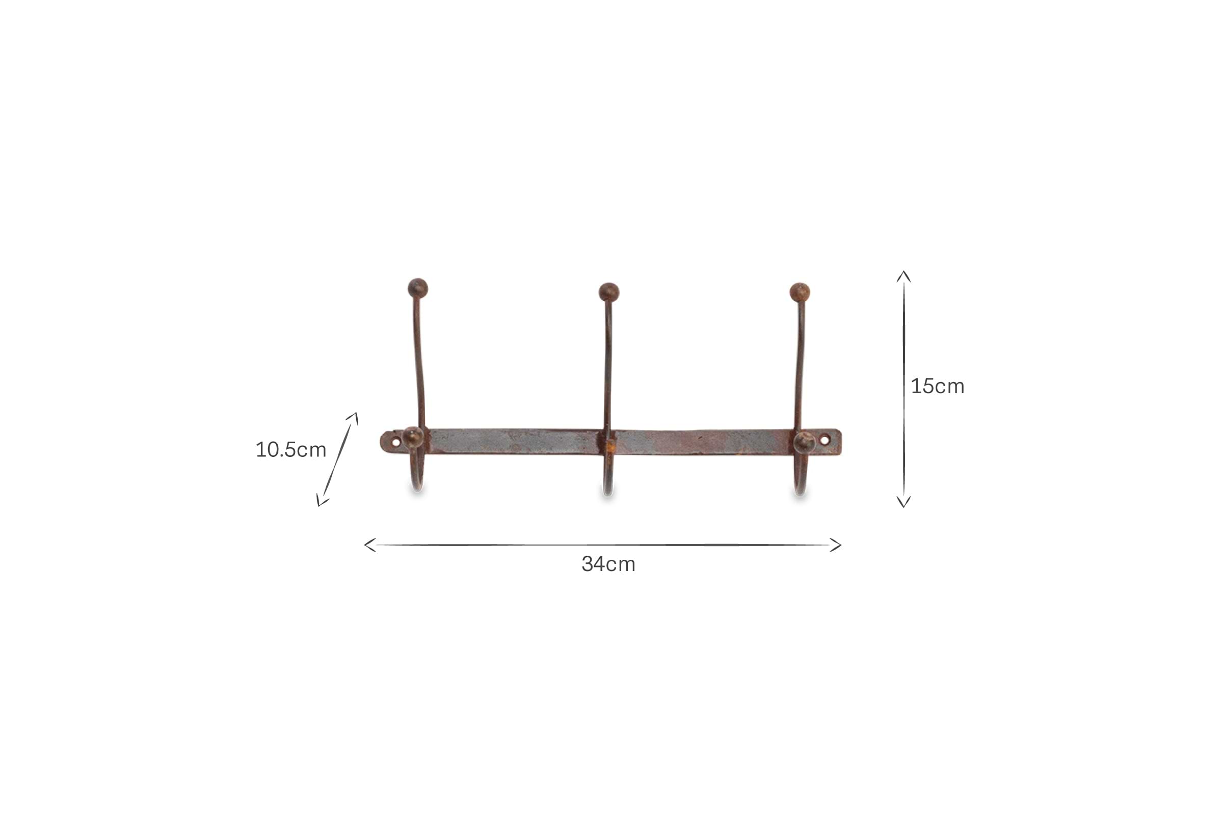 The nkuku Rama Iron Hook features three curved iron hooks with rounded tips, ideal for hallway storage. Measuring 34cm wide, 15cm tall, and 10.5cm deep, the rack is shown with black arrows marking dimensions on a white background.