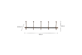 The nkuku Rama Iron Hook is a metal wall rack with five evenly spaced iron hooks, ideal for hallway storage. It measures 64cm wide; hooks are 15cm tall and 10.5cm long, with a vintage bronze finish. Measurement arrows on a white background are shown.