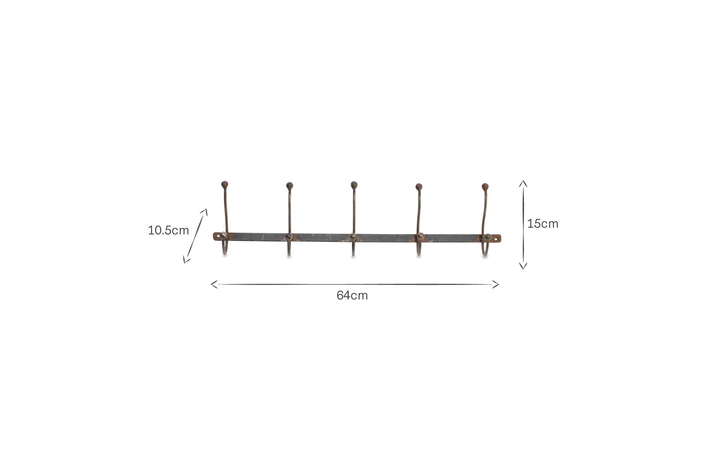 The nkuku Rama Iron Hook is a metal wall rack with five evenly spaced iron hooks, ideal for hallway storage. It measures 64cm wide; hooks are 15cm tall and 10.5cm long, with a vintage bronze finish. Measurement arrows on a white background are shown.