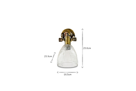 The nkuku Rarni Recycled Glass Single Wall Light features a ribbed glass shade and brass hardware. The image shows its height at 25.6 cm and the base width at 16.5 cm, set against a plain white background.