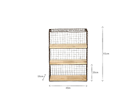 The nkuku Tamba Wall Hung Shelf has a black wire frame with a grid pattern and mango wood shelves. This rectangular unit is 61cm tall, 46cm wide, and 18cm deep, with three shelves and a 20cm-high bottom shelf.
