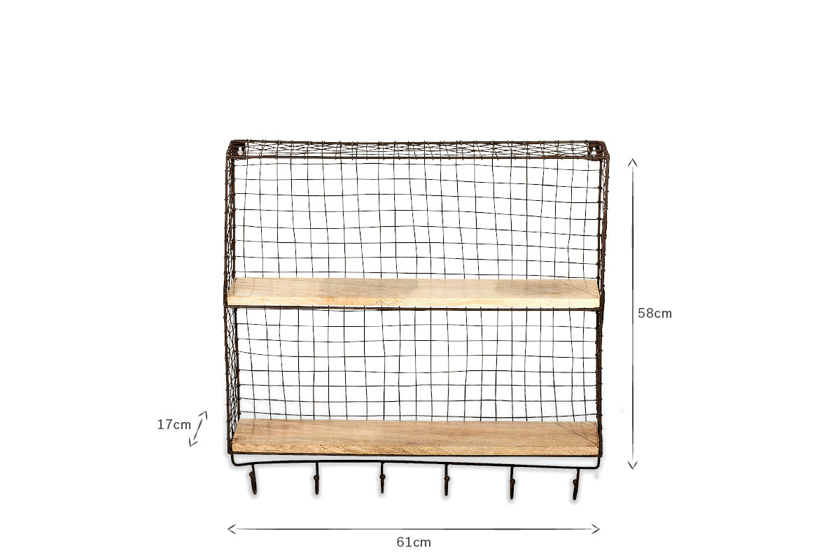 The nkuku Tamba Shelf with Hooks features a rectangular rust-finished wire mesh frame, two mango wood shelves, and six bottom hooks. Dimensions: 61cm W x 58cm H x 17cm D. Shown against a plain white background.
