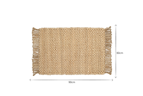 The nkuku Tunda Jute Doormat - Natural is a rectangular woven mat with fringed short edges, measuring 90 x 60 cm. Shown in natural beige, arrows highlight its dimensions along the bottom and right sides of the image.