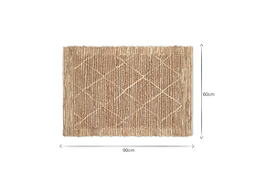 The Vandi Jute Doormat - Natural by nkuku features a subtle woven diamond pattern in brown fibers. Black text on a white background shows its size: 90cm wide by 60cm tall, highlighted by two arrows.