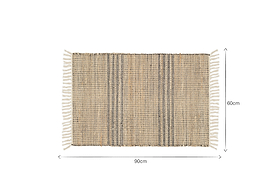 The Varli Jute & Cotton Doormat by nkuku is rectangular with beige and dark stripes, white fringe tassels on each short side, and measures 90 cm x 60 cm. This handcrafted indoor mat is shown on a white background.