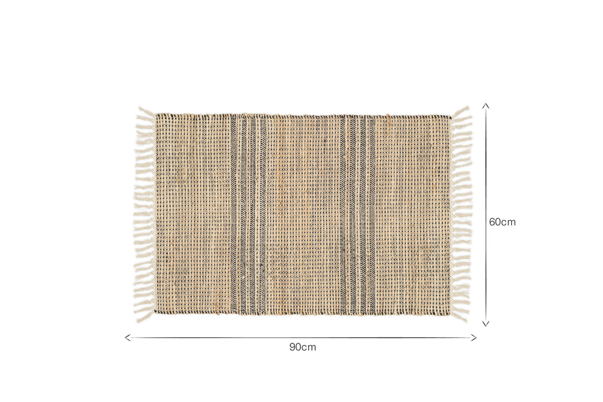 The Varli Jute & Cotton Doormat by nkuku is rectangular with beige and dark stripes, white fringe tassels on each short side, and measures 90 cm x 60 cm. This handcrafted indoor mat is shown on a white background.