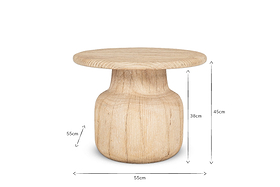 The nkuku Vivan Grooved Wood Side Table is a round, light coffee table made from sustainable mango wood with a grooved cylindrical base and natural finish. Dimensions: 55cm wide, 45cm tall; base section is 38cm high.