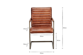 The nkuku Wamma Leather Desk Chair features dark chocolate brown leather with horizontal stitching, a metal frame, seat height 46cm, armrest height 56cm, backrest 90cm, seat width 50cm, and overall width 55cm.