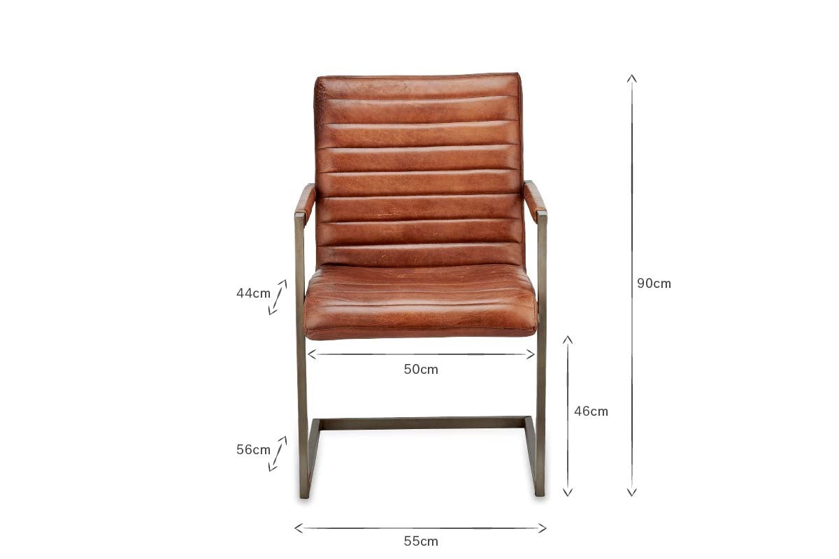 The nkuku Wamma Leather Desk Chair features dark chocolate brown leather with horizontal stitching, a metal frame, seat height 46cm, armrest height 56cm, backrest 90cm, seat width 50cm, and overall width 55cm.