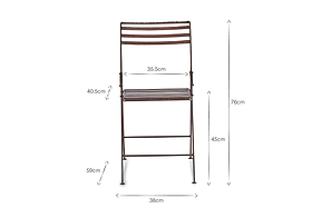 Front view of the Yealme Iron Bistro Chair by nkuku, an industrial outdoor piece featuring horizontal slats on backrest and seat. Dimensions: 76cm high, seat height 45cm, width 38cm, backrest 40.5cm, leg height 59cm.