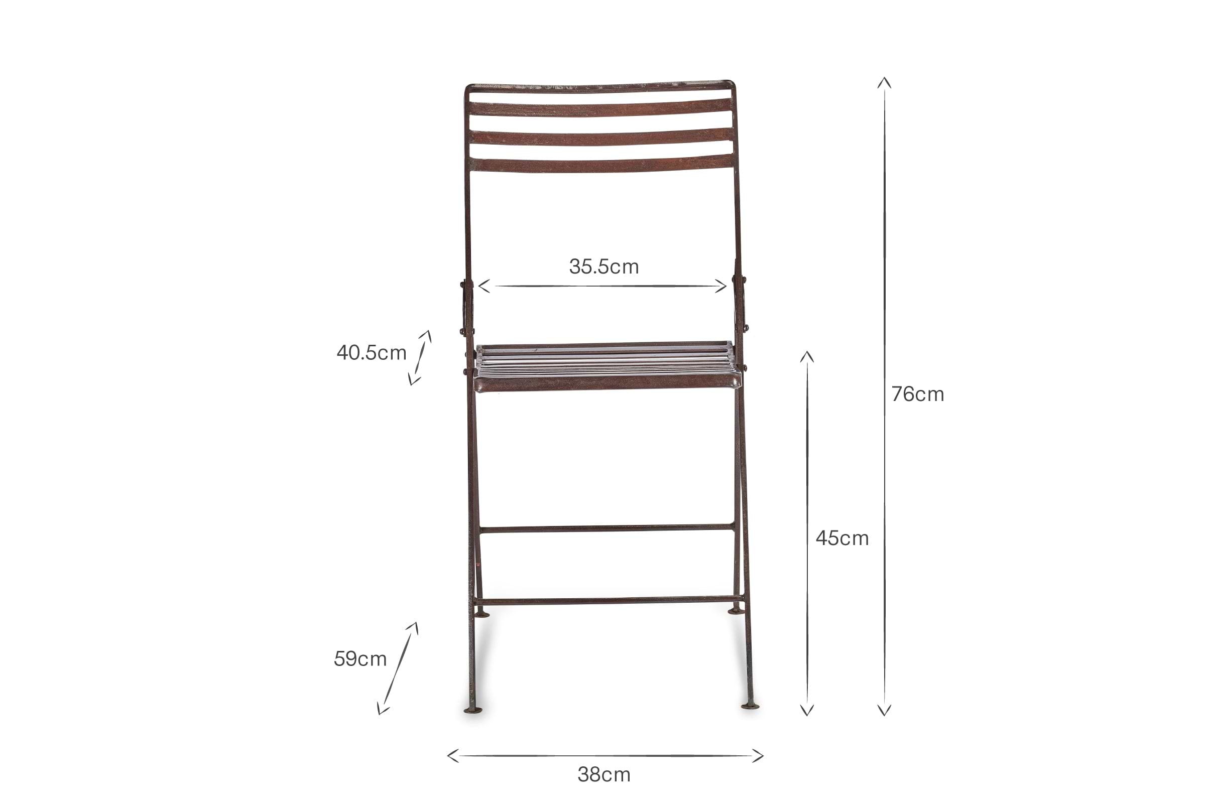 Front view of the Yealme Iron Bistro Chair by nkuku, an industrial outdoor piece featuring horizontal slats on backrest and seat. Dimensions: 76cm high, seat height 45cm, width 38cm, backrest 40.5cm, leg height 59cm.